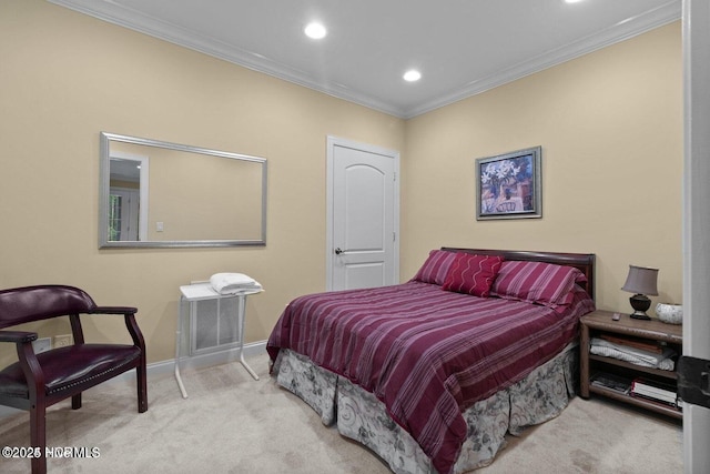 bedroom with carpet floors, recessed lighting, ornamental molding, and baseboards