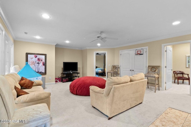 carpeted living room featuring baseboards, ornamental molding, and recessed lighting