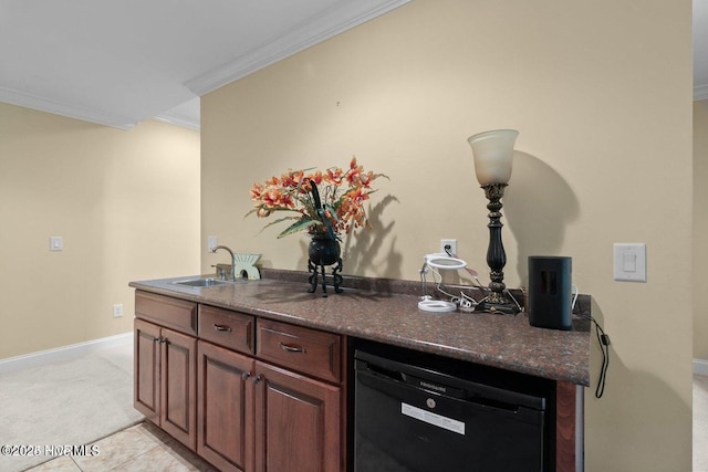 kitchen featuring light carpet, a sink, baseboards, ornamental molding, and dishwasher