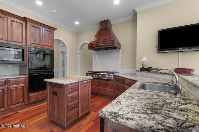 kitchen with dark wood-style floors, light stone counters, custom exhaust hood, stainless steel appliances, and a sink