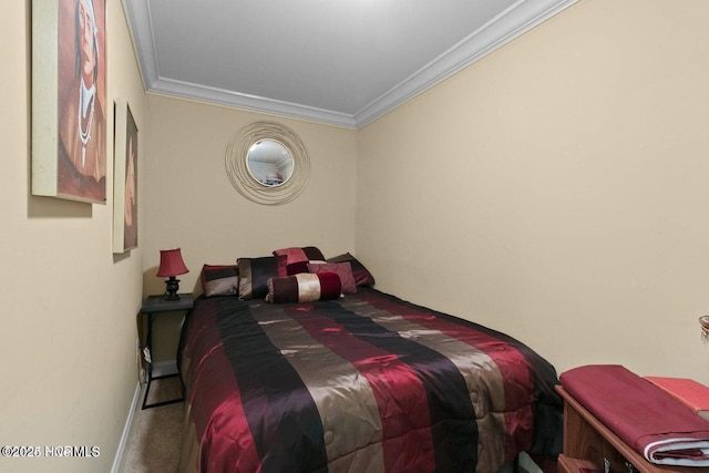 carpeted bedroom featuring ornamental molding