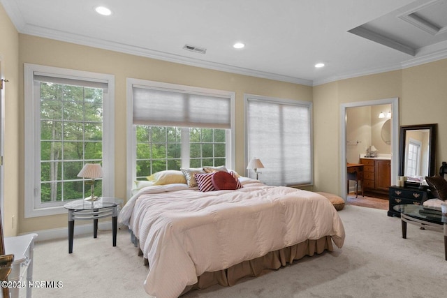 bedroom with carpet, visible vents, and ornamental molding