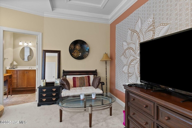 bedroom featuring crown molding, light tile patterned floors, ensuite bathroom, light carpet, and baseboards