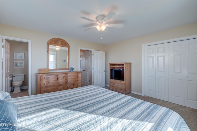 carpeted bedroom with ceiling fan and connected bathroom