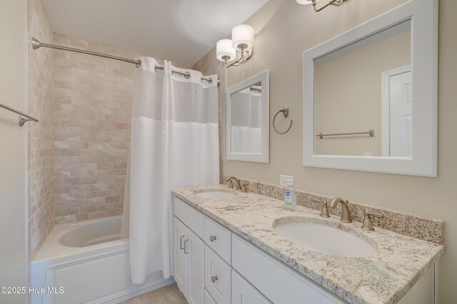 full bathroom featuring vanity, tile patterned flooring, toilet, and shower / tub combo with curtain