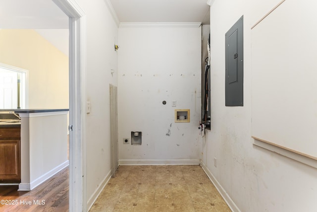 clothes washing area with hookup for a washing machine, ornamental molding, hookup for an electric dryer, and electric panel