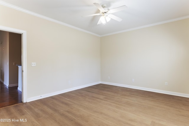 unfurnished room featuring crown molding, ceiling fan, and hardwood / wood-style flooring