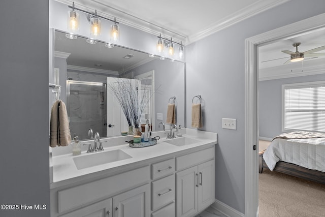 bathroom featuring vanity, walk in shower, ceiling fan, and ornamental molding