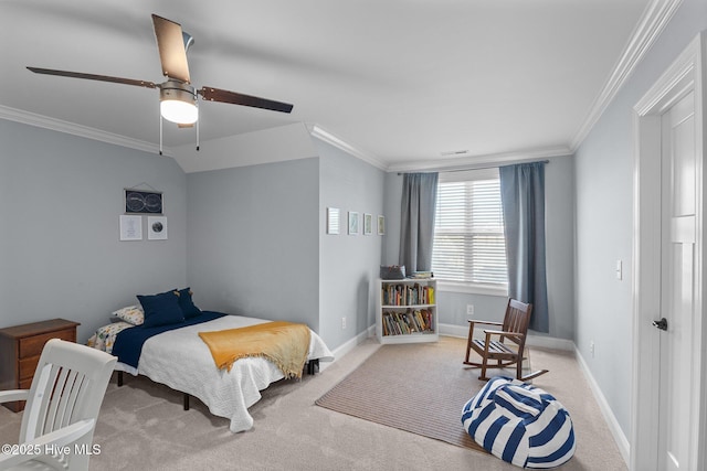 bedroom with lofted ceiling, light colored carpet, ceiling fan, and ornamental molding