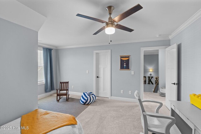 bedroom with ceiling fan, light colored carpet, and ornamental molding