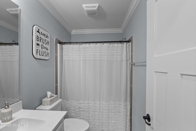 bathroom featuring walk in shower, toilet, vanity, and ornamental molding