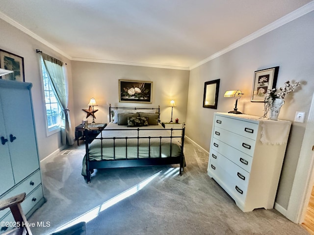 bedroom featuring light carpet and crown molding
