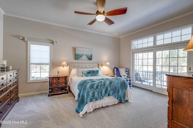 bedroom with access to exterior, ornamental molding, and light colored carpet