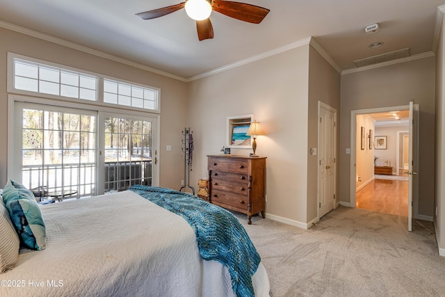 bedroom with ornamental molding, access to outside, light colored carpet, and ceiling fan