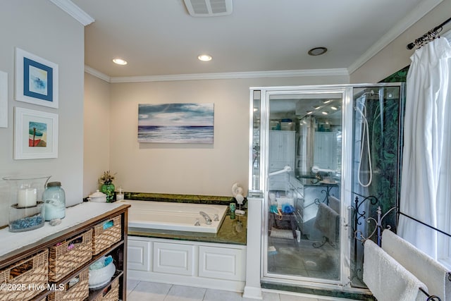 bathroom featuring tile patterned flooring, crown molding, and separate shower and tub