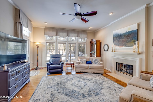 living room with crown molding, light hardwood / wood-style flooring, and ceiling fan