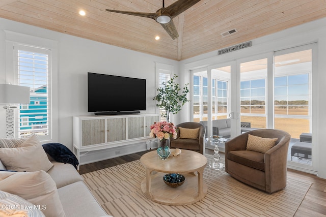 living room featuring wood ceiling, ceiling fan, lofted ceiling, and wood-type flooring