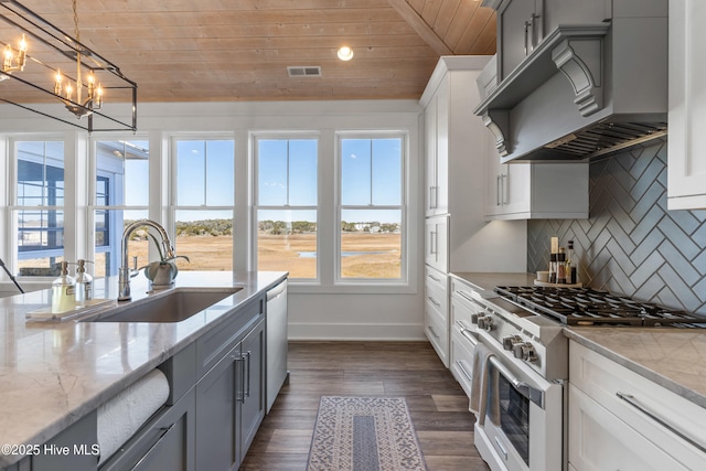 kitchen featuring decorative light fixtures, wooden ceiling, gray cabinets, stainless steel appliances, and light stone countertops