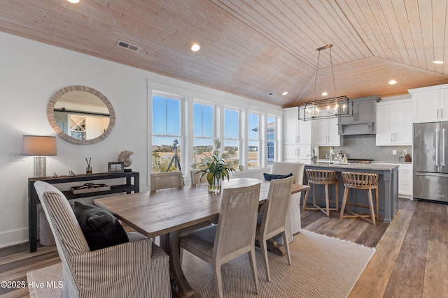 dining room with wood ceiling, lofted ceiling, dark hardwood / wood-style flooring, and sink