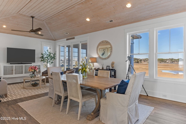 dining room with wood-type flooring, plenty of natural light, lofted ceiling, and wood ceiling