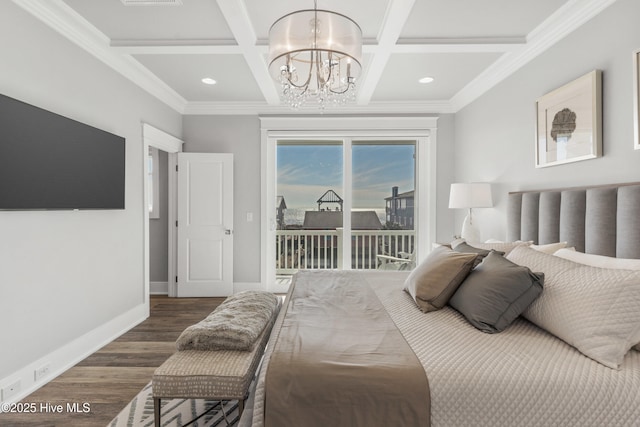 bedroom featuring a chandelier, dark hardwood / wood-style flooring, coffered ceiling, access to exterior, and beam ceiling