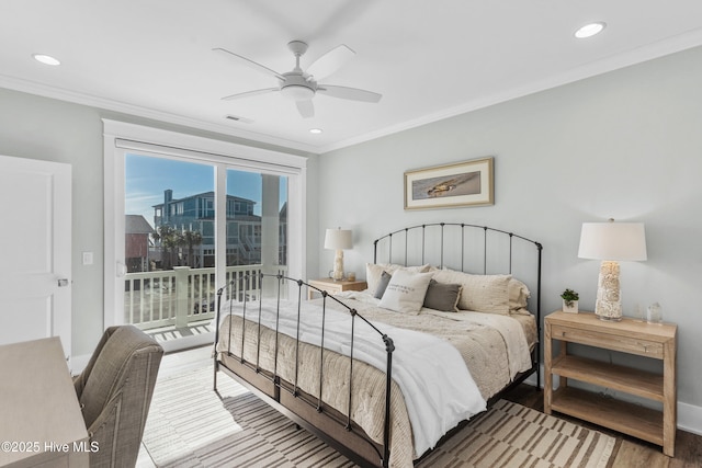 bedroom with hardwood / wood-style flooring, ornamental molding, access to exterior, and ceiling fan