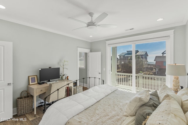 bedroom featuring ceiling fan, ornamental molding, hardwood / wood-style floors, and access to outside