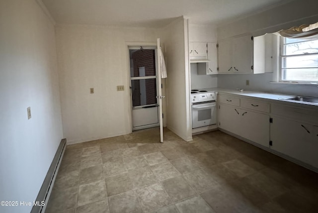 kitchen featuring sink, a baseboard radiator, white cabinets, and oven