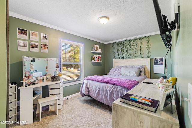 carpeted bedroom with crown molding and a textured ceiling