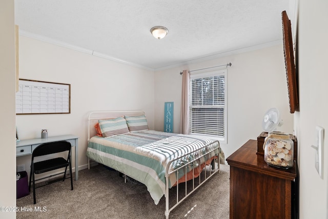 carpeted bedroom with crown molding and a textured ceiling