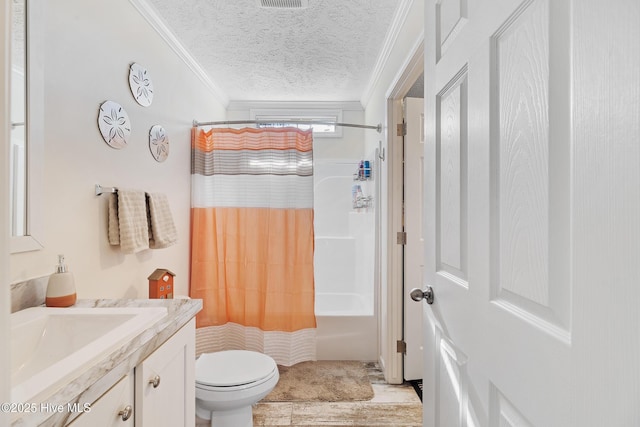 full bathroom featuring shower / bath combination with curtain, ornamental molding, vanity, toilet, and a textured ceiling