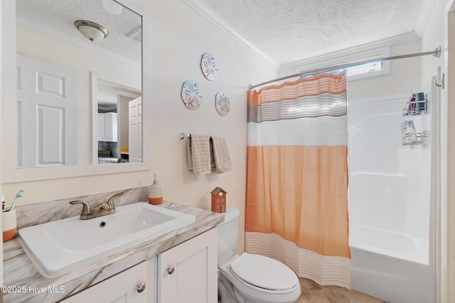 full bathroom with ornamental molding, vanity, toilet, shower / bath combo, and a textured ceiling