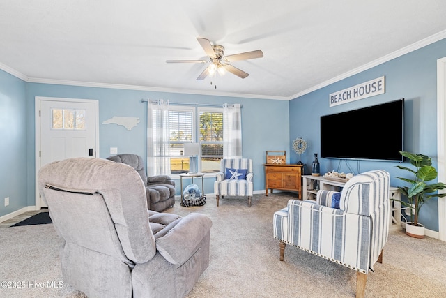 living room featuring ornamental molding, light colored carpet, and ceiling fan