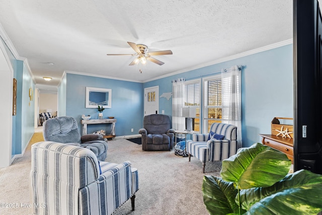 carpeted living room featuring ceiling fan, ornamental molding, and a textured ceiling