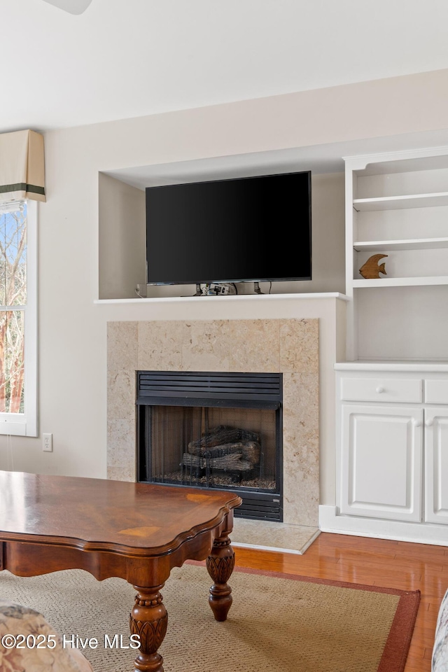 interior details with hardwood / wood-style floors and a tile fireplace