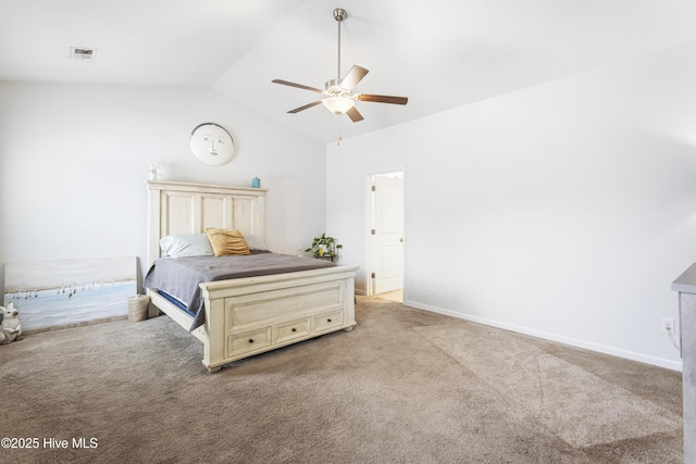 bedroom with lofted ceiling, light carpet, and ceiling fan