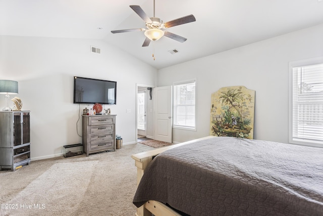 carpeted bedroom with lofted ceiling and ceiling fan