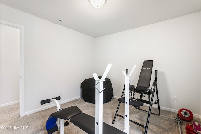 exercise area featuring light carpet