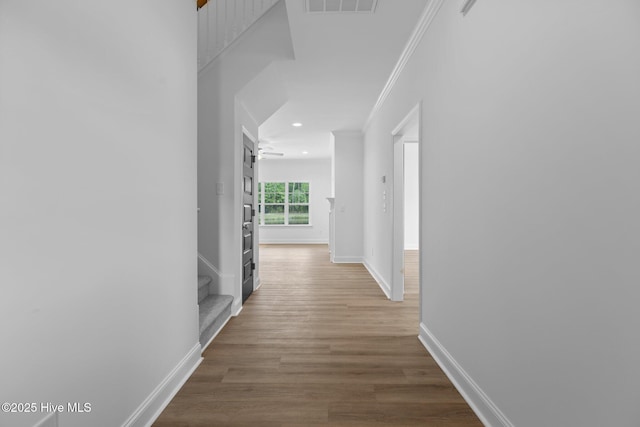 hallway featuring crown molding and hardwood / wood-style flooring