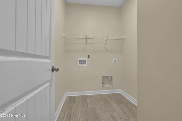 laundry area featuring hookup for a washing machine, light hardwood / wood-style flooring, and hookup for an electric dryer