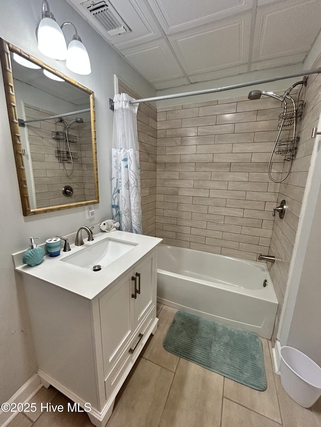 bathroom with vanity and shower / bathtub combination with curtain