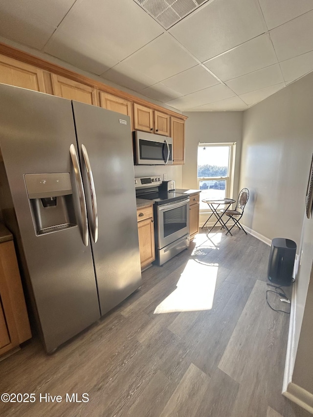 kitchen with hardwood / wood-style flooring, a paneled ceiling, appliances with stainless steel finishes, and light brown cabinetry