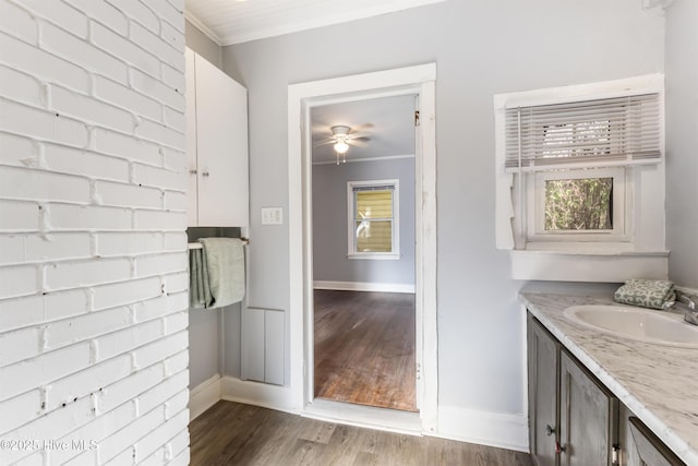 bathroom with ornamental molding, hardwood / wood-style floors, vanity, and plenty of natural light