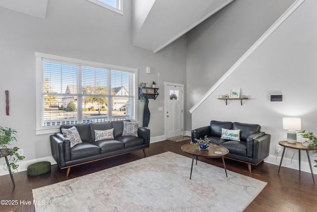 living room featuring dark hardwood / wood-style floors and a high ceiling