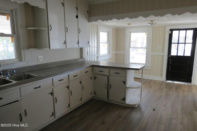 kitchen with wood finished floors, a wealth of natural light, and white cabinets