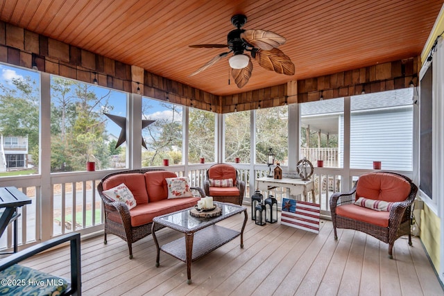 sunroom / solarium featuring wood ceiling and ceiling fan