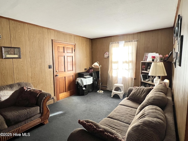 living room featuring dark colored carpet and wooden walls