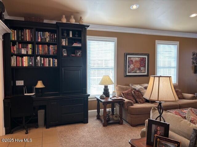 living area featuring crown molding and tile patterned floors