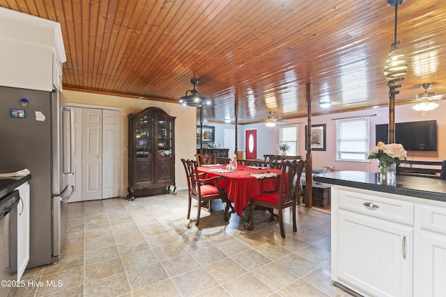 dining room featuring wood ceiling, ceiling fan, and crown molding