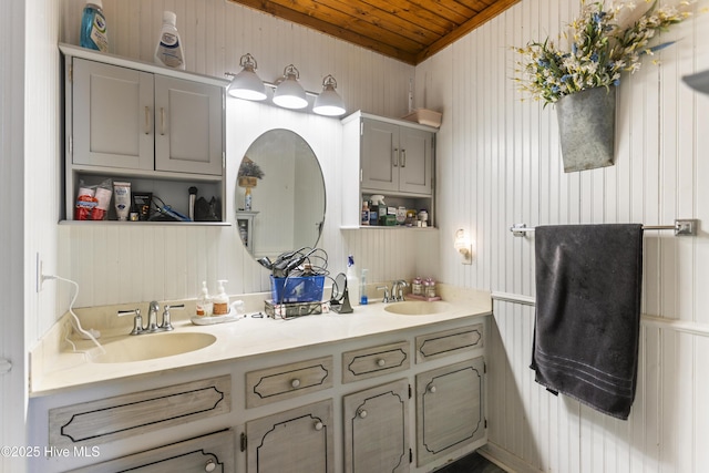 bathroom featuring wood ceiling, wood walls, and vanity